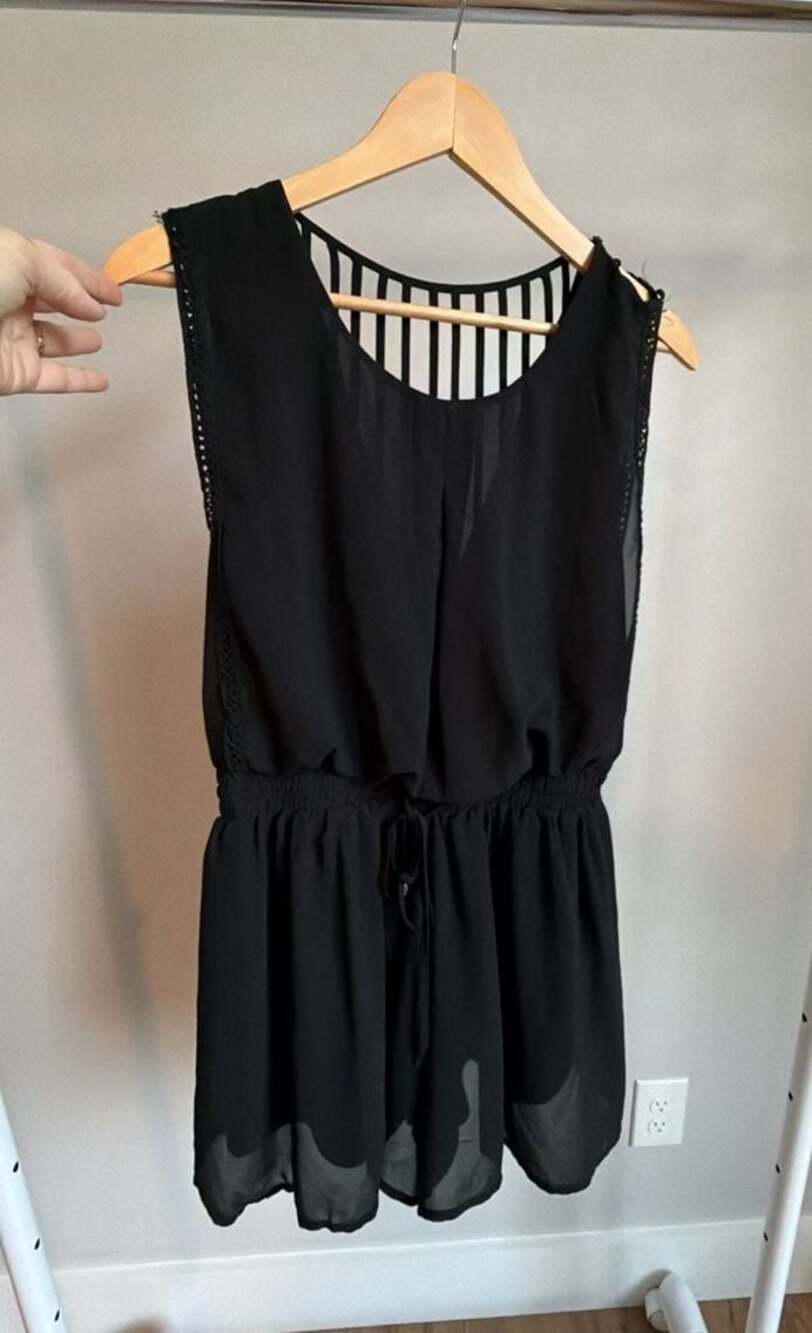 HYFVE Black Chiffon Romper With Striped Open Back